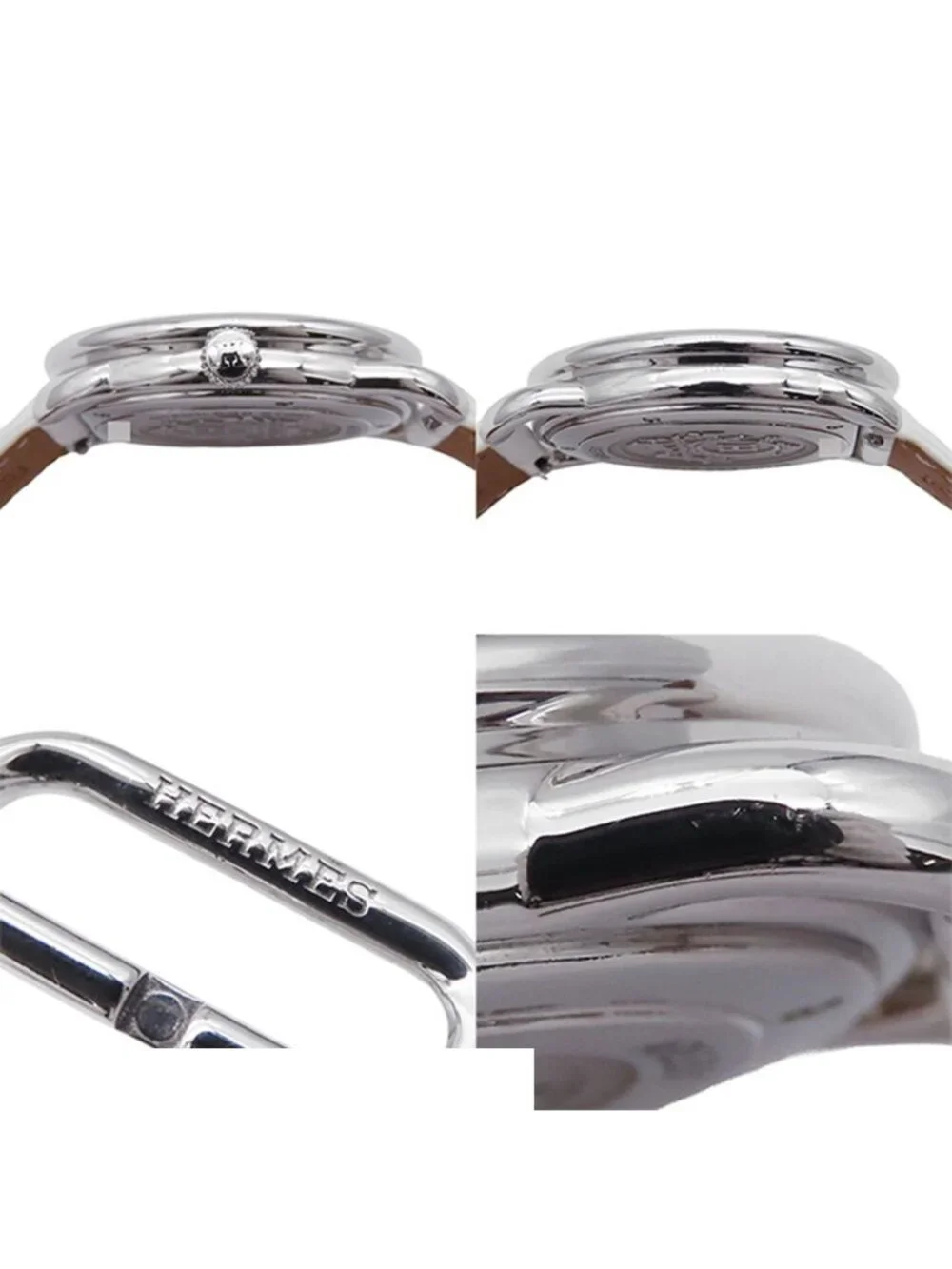 Hermes Arceau White Shell SS Leather Diamond Dial Watch Quartz